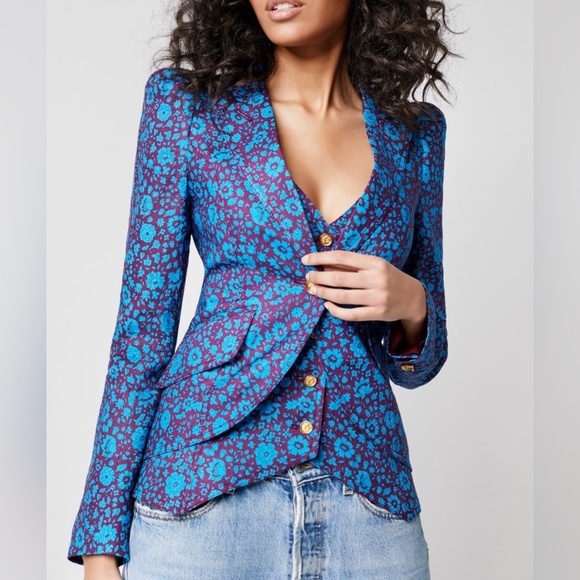 Smythe Pouf Sleeve One Button Blazer in Merlot & Cobalt Liberty Floral | Size 4 - Picture 1 of 6
